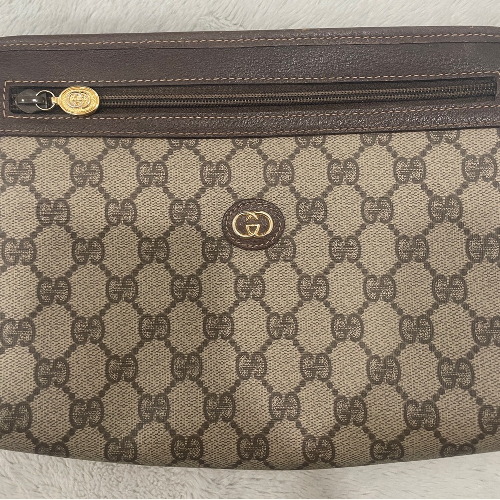 Gucci Brown Beige GG Monogram Wristlet Clutch